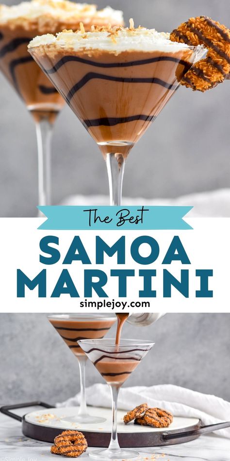 This Samoa Martini is your favorite Girl Scout cookie all grown up and turned into a cocktail. This amazing martini is dessert in a glass and can't be missed! Cookies And Cream Martini, Cannoli Martini Recipe, Desert Cocktail Recipes, Dessert Alcoholic Drinks, Dessert Drink Recipes, Unique Martini Recipes, Desert Martini, Samoa Martini, Dessert Cocktail Recipes