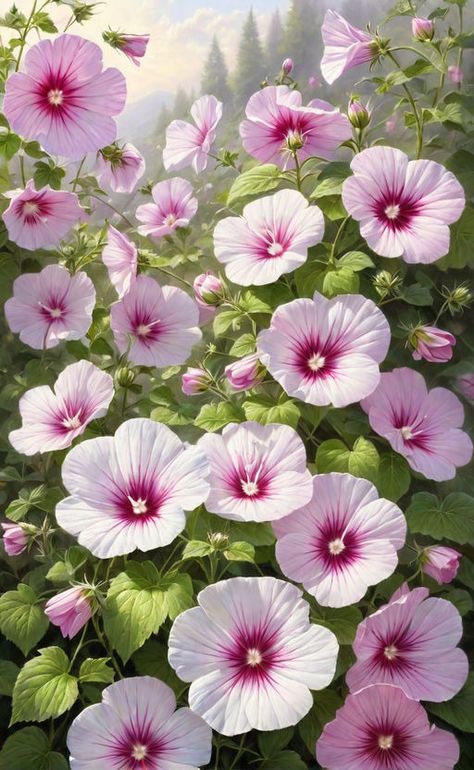 Mallow. (Lavatera). Mark Keathley art by and mandy di... by Tamara widitz - Playground Mallow Flower, Rose Of Sharon, Create Art, Creating Art, Secret Garden, Hibiscus, Planting, Wild Flowers, Beautiful Flowers