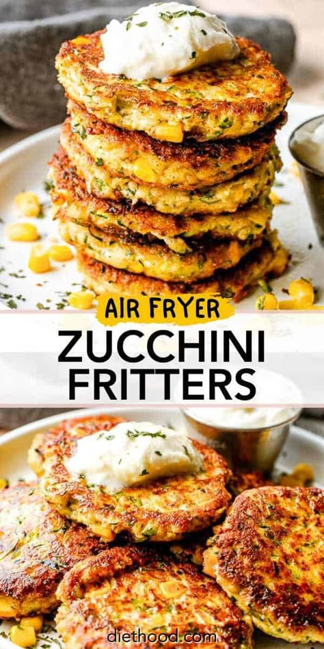 These crispy Air Fryer Zucchini Fritters are brimming with sweet corn, fresh zucchini, and Parmesan cheese! They’re so flavorful, you'll want to make them again and again! #zucchini #zucchinifritters #airfryer Zucchini And Corn Cakes, Zucchini Cakes Air Fryer, Zucchini Corn Fritters Air Fryer, Best Zucchini Recipes Air Fryer, Air Fry Zucchini Fritters, Baked Veggie Fritters, Zuccini Sides Dishes Air Fryer, Airfryer Fritters, Airfry Zucchini Recipes