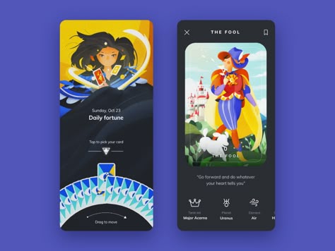 Tarot App Design by Hoàng Thảo for Onteractive on Dribbble Interactive Screen, Tarot App, Card Game Design, Card Ui, Web Design Tools, App Ideas, Tarot Major Arcana, Tarot Art, Web Inspiration