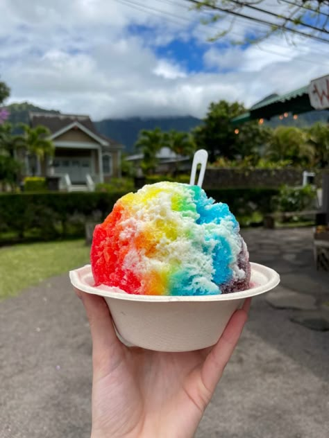 rainbow snow cone Ice Cream Aesthetic Pictures, Hawaiian Snow Cones, Hawaiian Ice Shave, Hawaiian Shaved Ice Aesthetic, Hawaii Shaved Ice, Shaved Ice Aesthetic, Rainbow Snowcone, Shaved Ice Ideas, Shave Ice Hawaii