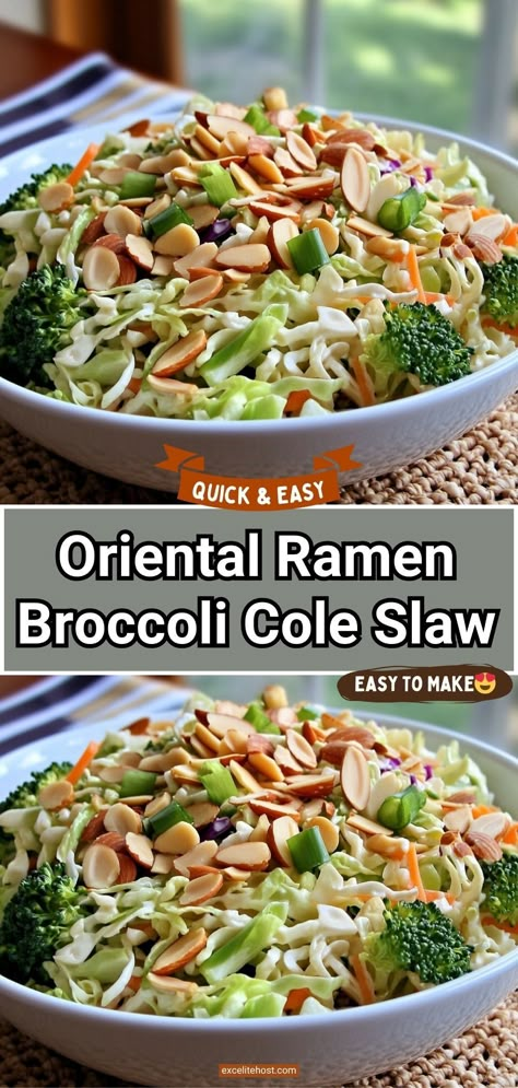 Looking for a salad that’s quick, easy, and packed with flavor and texture? Oriental Ramen Broccoli Cole Slaw is a crowd-pleasing dish that combines crunchy broccoli slaw, toasted almonds, sunflower seeds, and crushed ramen noodles, all brought together with a tangy and slightly sweet dressing. This salad is a perfect side dish for picnics, potlucks, or family dinners, and it’s versatile enough to serve as a light main course. Ramen Coleslaw, Broccoli Slaw Dressing, Broccoli Cole Slaw, Broccoli Slaw Salad, Broccoli Slaw Recipes, Broccoli Salads, Crunchy Broccoli, Amazing Salads, Ramen Salad