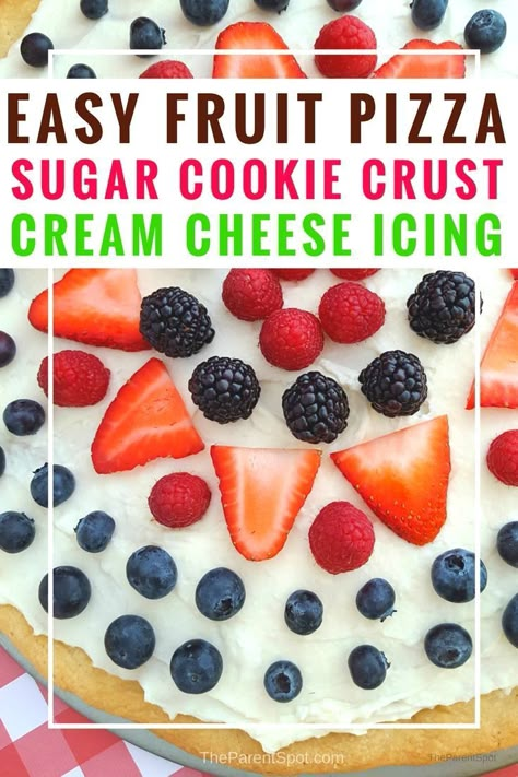 Strawberry Pizza Recipe, Sugar Cookie Crust Fruit Pizza, Fruit Pizza With Cream Cheese, Pizza With Cream Cheese, Berry Pizza, Sugar Cookie Pizza, Strawberry Pizza, Fruit Pizza Sugar Cookie Recipe, Fruit Sugar Cookies