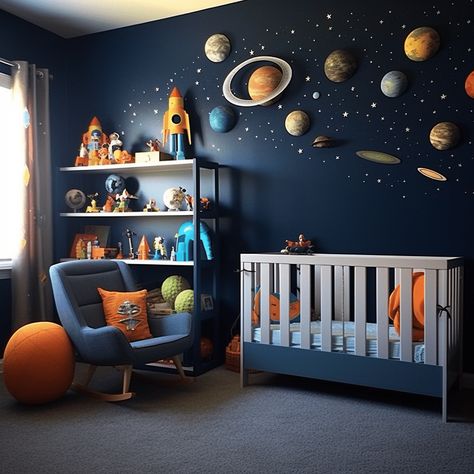 55 Baby Boy Nursery Ideas You'll Love  - In The Playroom Astronaut Baby Room, Boy Nursery Inspiration, Creative Ideas For Kids, Baby Boy Nursery Ideas, Nursery Inspiration Boy, Boy Nursery Ideas, Children's Bedroom Ideas, Boy Nursery Themes, Flexible Furniture