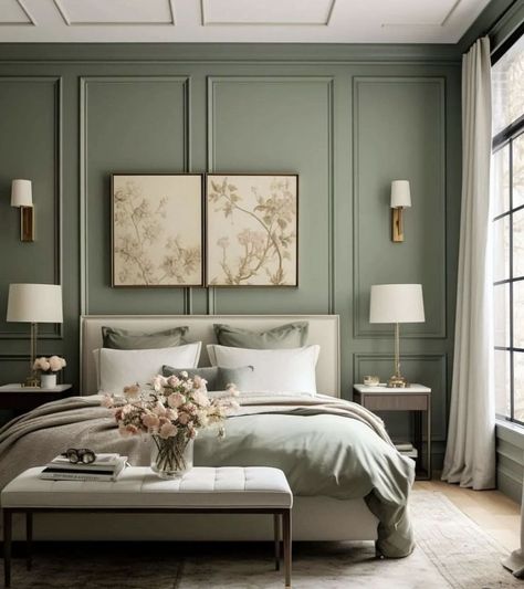 Interior Design Bedroom Colour, Sage Green Interiors, Jade Green Bedroom, Master Bedrooms 2024 Trends, Soothing Interiors, Green Bedroom Decor Ideas, Sage Bedroom, Bed Placement, Green Bedroom Walls