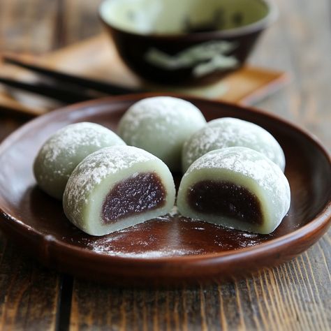 🍵🍡 Delight in our soft and chewy Matcha Red Bean Mochi! A sweet and earthy Japanese treat! 💚🍵 #MochiLovers Matcha Red Bean Mochi Ingredients: Glutinous rice flour (2 cups) Matcha powder (1 tbsp) Sugar (1/2 cup) Water (1 cup) Red bean paste (1 cup) Cornstarch (for dusting) Instructions: Mix glutinous rice flour, matcha powder, sugar, and water to form a smooth batter. Steam the batter until set. Let cool and cut into pieces. Wrap each piece around a small amount of red bean paste and dust ... Mochi Red Bean, Savoury Mochi, Mochi Ingredients, Mochi Aesthetic, Red Bean Mochi, Matcha Red Bean, Japanese Mochi, Matcha Mochi, Japanese Treats