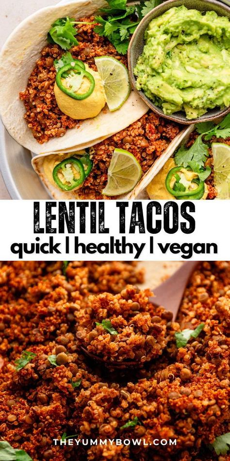 Get ready to fall in love with these vegan lentil tacos from The Yummy Bowl! These beauties are crafted with wholesome plant-based goodness - spices, kale, and juicy tomatoes - all topped off with a heavenly vegan cheese sauce. And let's talk about the taco "meat", it's nut-free, wonderfully chewy, and loaded with protein, making it the perfect meat alternative. Get ready to enjoy a deliciously satisfying taco experience that's sure to leave you smiling! Lentil Meat, Lentil Tacos Recipes, Meat Tacos, Cashew Queso, Vegan Tacos Meat, Lentil Tacos, Veggie Tacos, Vegan Lentil, Vegan Mexican Recipes