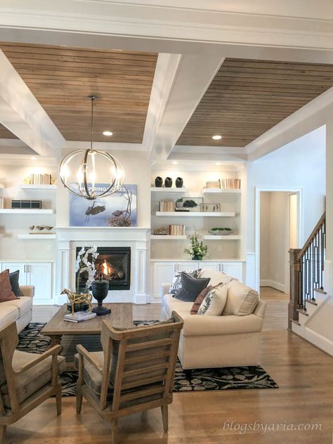 Wood Panel Ceiling With Beams, Asymmetrical Vaulted Ceiling, Family Room Ceiling Ideas, Modern Farmhouse Blue, Luxury Modern Farmhouse, Beams Living Room, Farmhouse Blue, Ceiling Options, Ceiling Details