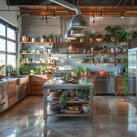 Industrial Kitchen At Home, Industrial Bakery Kitchen, Rustic Commercial Kitchen, Rustic Chefs Kitchen, Teaching Kitchen Design, Restaurant Kitchen Aesthetic, Metal Countertops Kitchen, Show Kitchen Design, Green Industrial Kitchen