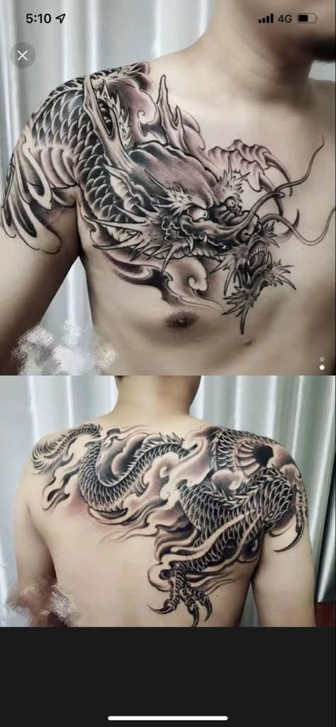 Japanese Dragon Tattoo Art Sleeve, Japanese Dragon Tattoos Chest, Japanese Chest Tattoo Design For Men, Japanese Dragon Chest Tattoo Men, Japanese Dragon Tattoo Designs For Men, Japanese Dragon Shoulder Tattoo, Dragon Chest Tattoo Men, Full Chest Tattoo Design, Chest Tattoo Dragon