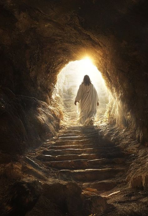 Jesus Rising From The Tomb, Walking Up The Stairs, Jesus Risen, Jesus Tomb, Christian Photography, Jesus Walking, Christian Illustration, Christian Graphics, Church Inspiration