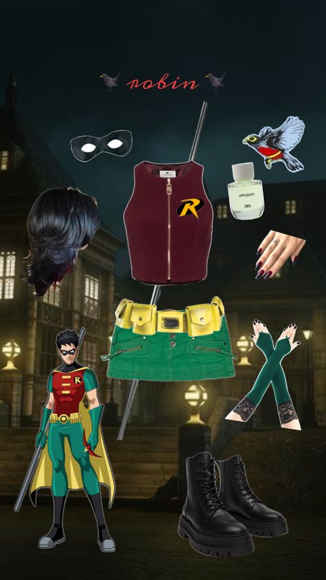 dc robin, party outfit, halloween costume, duo. ⚡️ Halloween Costume Duo, Robin Halloween Costume, Party Outfit Halloween, Gay Halloween Costumes, Costume Duo, Diy Group Halloween Costumes, Dc Costumes, Robin Costume, Cute Group Halloween Costumes