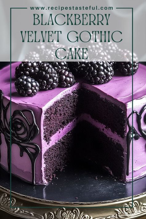 A luscious Blackberry Velvet Cake with rich chocolate ganache and a sweet, tangy blackberry filling. Perfect for special occasions or a decadent treat! Goth Cake Recipe, Blackberry Velvet Cake, Wiccan Desserts, Gothic Recipes, Goth Desserts, Gothic Desserts, Black And Pink Cake, Trifles Desserts, Wicked Cake