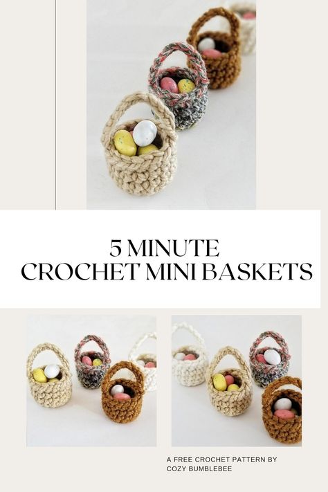 The 5 minute mini basket crochet pattern is a fun, quick project perfect for Easter gifts, party favors, teacher gifts, office gifts and more. These little baskets are addictive to make and fun to gift! Small Baskets Gifts, Diy Mini Easter Baskets, Teacher Gift Crochet, Easter Gift Teacher, Crochet Party Favors, Crochet Mini Easter Basket, Crochet Favors, Crochet Mini Basket, Crochet Easter Basket Pattern