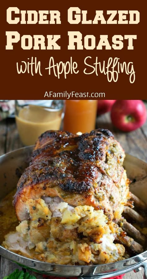 Cider Glazed Bone-In Pork Roast with Apple Stuffing - A fantastic and special family dinner! Bone In Pork Roast, Pork Roasts, Crown Roast Of Pork, Pork Roast With Apples, Apple Cider Pork, Pork Rib Roast, Apple Stuffing, Boneless Pork Roast, Apple Pork Tenderloin