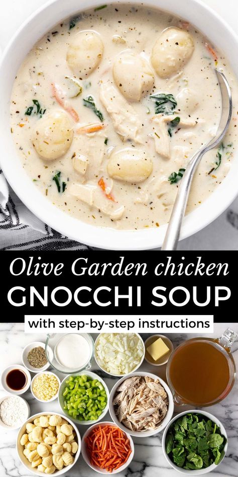 If you love chicken and gnocchi soup at Olive Garden, you are going to LOVE LOVE LOVE this recipe. This homemade version tastes even better than the popular chain restaurant and comes together all in one pot in less than 30 minutes! It's filled with shredded chicken, pillowy gnocchi, and tender veggies in a super creamy, herb-filled broth. Chicken Knocki Soup, Chicken N Gnocchi Soup, Copycat Olive Garden Gnocchi Soup Crockpot, Chicken Gonnoci Soup Recipe, Easy Gnocchi Soup Recipes, Chicken And Noche Soup Olive Garden, Olive Garden Chicken Gnocchi Soup Gluten Free, Olive Gardens Chicken Gnocchi Soup, Olive Garden Potato Gnocchi Soup