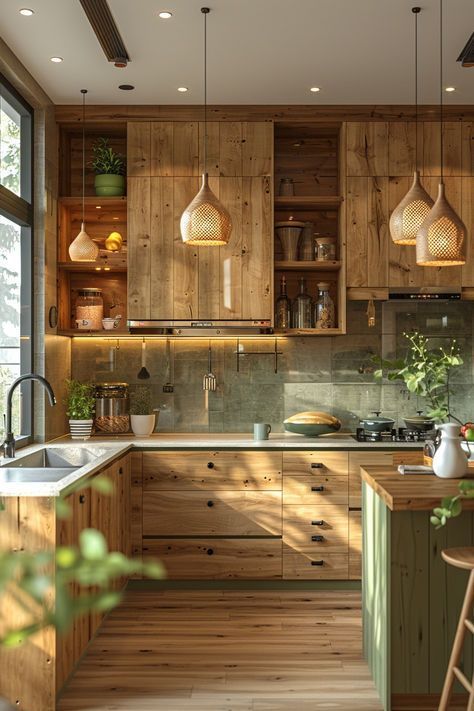 Green Plant Kitchen, Appartement Kitchen Ideas, Eco Friendly House Interiors, Green Kitchen Wood Floor, Kitchen Nature Inspired, Green Kitchen Wood Cabinets, Green And Wood Aesthetic, Green Interior Aesthetic, Kitchen Wood Ideas