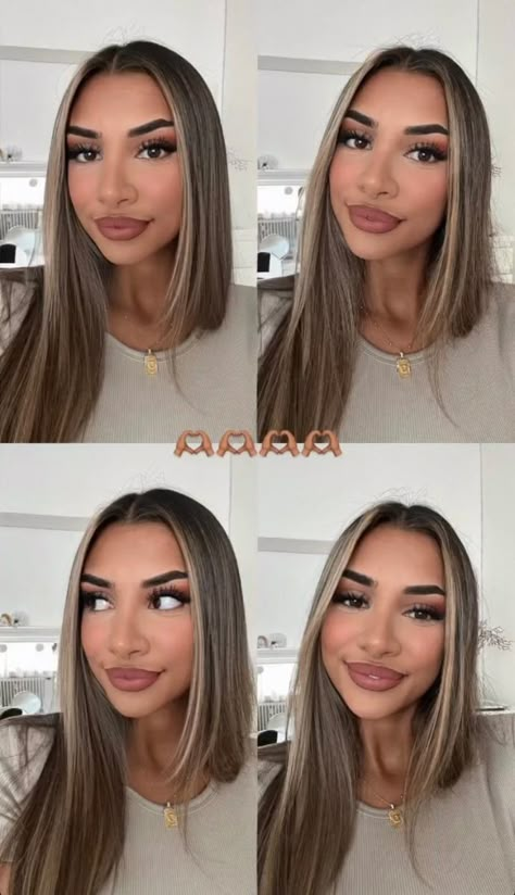 Ash Honey Balayage, Hair Color Ideas Golden Brown, Different Highlight Styles, Brown Hair W Highlights And Money Pieces, Caramel Skin Hair Color Ideas, Highlights That Frame The Face, Hair Colors For Hispanics, Money Pieces On Dark Hair Straight, Front Piece Dyed Hair