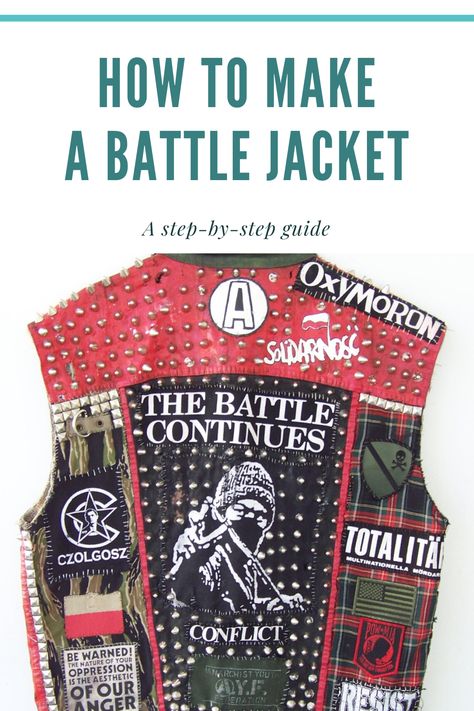 Punk Look Women, How To Make A Battle Jacket, Battle Vest Ideas, Punk Vest Diy, Battle Jacket Ideas, Battle Vest Punk, Battle Jacket Back Panel, Crust Punk Fashion, Metal Battle Vest