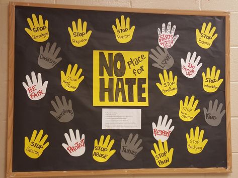 NO PLACE FOR HATE Bulling Posters Ideas, Babysitting Checklist, Respect Bulletin Boards, Anti Bully Poster, Bully Poster, Books Bulletin Board, Focus Walls, School Wide Themes, School Clinic