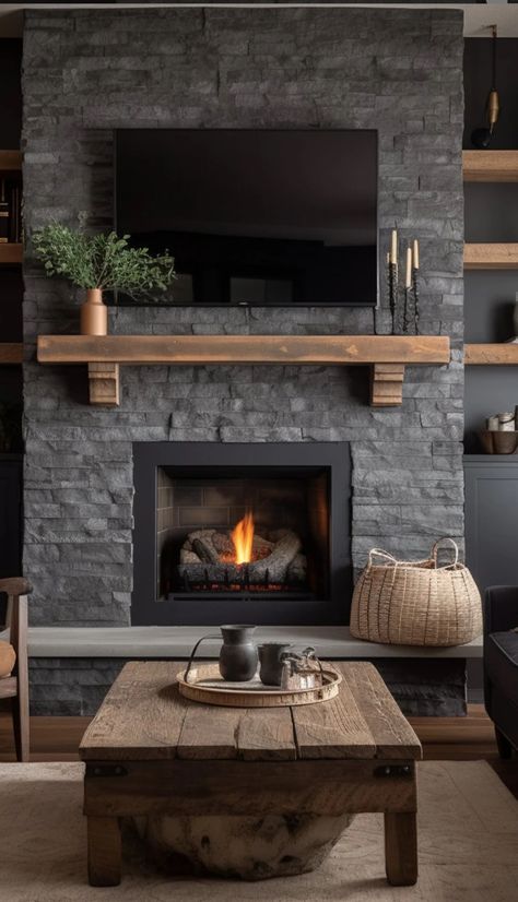 8 Feet Ceiling Living Rooms, Fireplace Step Decor, Stone Fireplace Mountain Home, Gas Fireplace With Seating Ledge, Stone Fireplace Floor To Ceiling Farmhouse, Fireplace Stone Ideas Modern, Firewood Storage Built In, Dark Slate Fireplace, Stone And Black Shiplap Fireplace