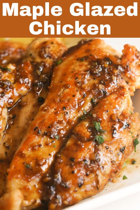 Maple Glazed Chicken is an easy, healthy, and delicious dinner or meal prep recipe! Made with pure maple syrup, fresh lemon juice, dijon mustard, and minced garlic … these boneless skinless chicken breasts are smothered in a sweet, savory, flavorful, and sticky glaze. Garnish with fresh parsley for a beautiful and simple 30 minute chicken dinner perfect for a busy weeknight! Maple Ginger Chicken, Maple Glazed Chicken With Sweet Potatoes, Chicken Maple Syrup Dijon Mustard, Honey Maple Chicken, Maple Marinade For Chicken, Chicken With Maple Syrup, Cherry Maple Glazed Chicken, Recipes With Real Maple Syrup, Maple Mustard Glazed Chicken