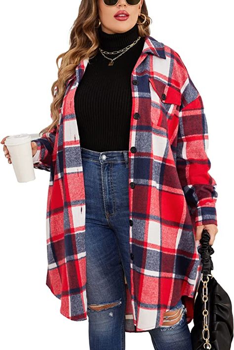 IN'VOLAND Womens Plus Size Flannel Plaid Shirts Long Sleeve Lounge Lapel Boyfriend Button Down Tartan Long Jacket Coats 24W Brown at Amazon Women’s Clothing store Long Checked Shirt Outfit Women, Long Check Shirt Outfit Women, Womens Flannel Shirts, Ladies Oversized Shirt Outfit, Styling Checked Shirt Women, How To Style Checked Shirts, Checked Shirts Women Outfit, How To Style A Checked Shirt, Flannel Shirts Women Outfits