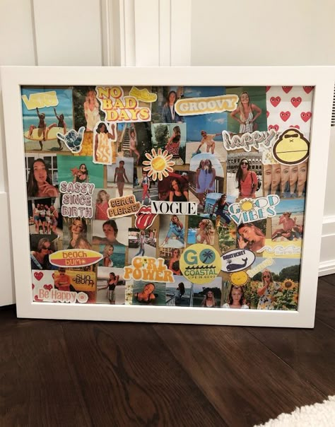 Cute Picture Collage Ideas Room Decor, Picture Gift Ideas For Best Friends, Room Vision Board Ideas, Cute Things To Do With Printed Photos, Things To Put Stickers On In Your Room, Art With Friends Diy Projects, Vision Board In Bedroom, Pin Board Collage, Vision Board Room Decor