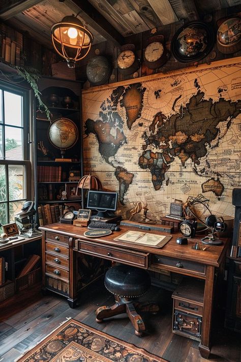 Academic Maximalism, Explorer Office, Desk Room Ideas, Steampunk Office Decor, Vintage Study Room, Study Area Ideas, Vintage Office Design, Small Home Library Ideas, Office Nooks