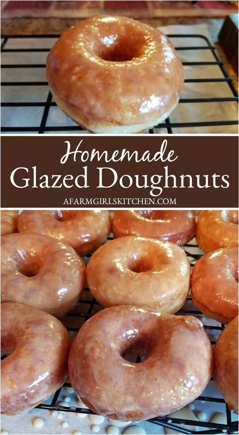 Glazed donuts drying on metal baking rack. Krispy Kreme Donuts Recipe, Homemade Glazed Donuts, Glazed Donuts Recipe, Donut Glaze Recipes, Glazed Doughnuts Recipe, Doughnuts Easy, Raised Donuts, Doughnut Recipe Easy, Easy Donut Recipe