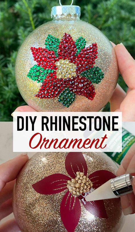 How to make a glittered poinsettia rhinestone ornament. Beautiful DIY bling ornament for your Christmas tree using Crystal rhinestones. Diamond Dotz Christmas Ornaments, Diamond Painting Ornaments, Diamond Dot Ornaments, Bedazzled Diy Ideas, Diy Bling Christmas Ornaments, Diamond Art Ornaments, Items To Rhinestone, Diamond Art Christmas Ornaments, Bedazzled Christmas Ornaments