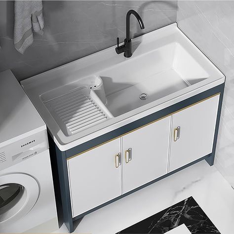 Amazon.com: QQXX Laundry Sink with Cabinet,31inch Deluxe Laundry Cabinet with Faucet and Ceramics Sink,freestanding Utility Sink with Vanity Cabinet for Bathroom Laundry Room Utility Room Handwashing Station : Tools & Home Improvement Laundry Vanity Sink, Laundry Sink Vanity, Bathroom With Utility Sink, Laundry Sink With Cabinet, Laundry Rooms With Sinks, Utility Sink In Bathroom, Utility Sinks In Laundry Room Ideas, Laundry Room Sinks Utility, Garage Sink Ideas