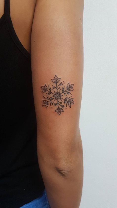 Flower snowflake Flower Snowflake Tattoo, Snowflake Elbow Tattoo, Snowflake Flower Tattoo, Winter Tattoos For Women, Flower Snowflake, Snowflake And Flower Tattoo, Snow Flakes Tattoo, Snowflake Tattoos, Snowflake Tattoo Design