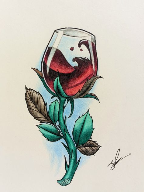 Roses With Vines Drawing, Unique Rose Drawing, Rose Marker Drawing, Crystal Rose Drawing, Abstract Rose Drawing, Rose Flower Art Drawing, Wine Drawing Sketches, Glass Rose Tattoo, Bottle Of Wine Drawing