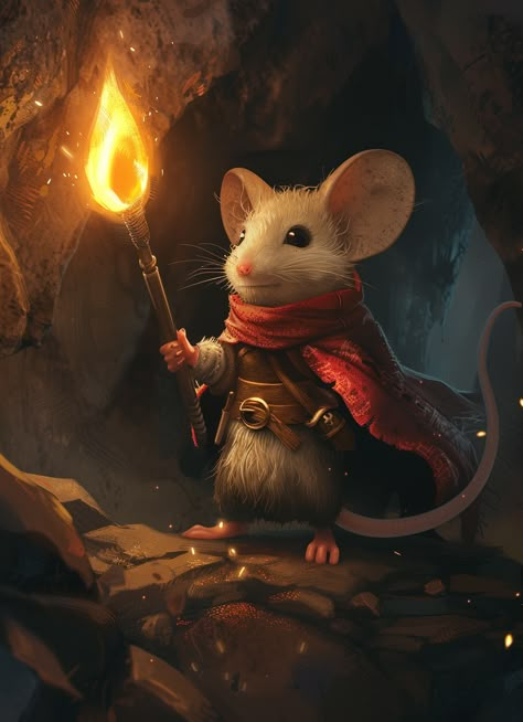 Cute Mouse Knight with Torch in Dark Cave Mouse Knight, Mice And Mystics, Curious Expression, Brown Mouse, Mouse Guard, Red Cloak, Fantasy Elements, Dark Cave, Inspirational Digital Art