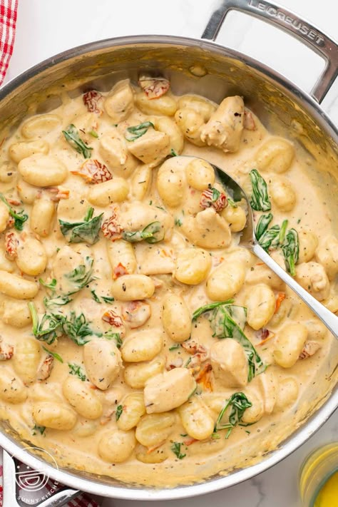 Creamy Chicken and Gnocchi is a delicious one-skillet pasta meal with sundried tomatoes and spinach that you can make in under half an hour. Chicken And Gnocchi Recipes, One Pan Creamy Chicken, Creamy Chicken And Gnocchi, Chicken And Gnocchi, Gnocchi Recipes Easy, Little Sunny Kitchen, Gnocchi Dishes, Gnocchi Pasta, Sunny Kitchen