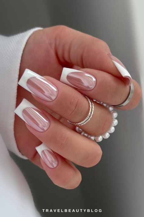 30 Gorgeous Chrome French Tip Nails Ideas To Easily Recreate Coffin French Tip Designs, Nails For Special Occasion, Big Nails Designs, Square French Tip Color, French Tip With Chrome Square, French Tip Square Nails With Design, White Tip With Chrome, White Chrome French Tip Nails Square, Nails White Tip Design