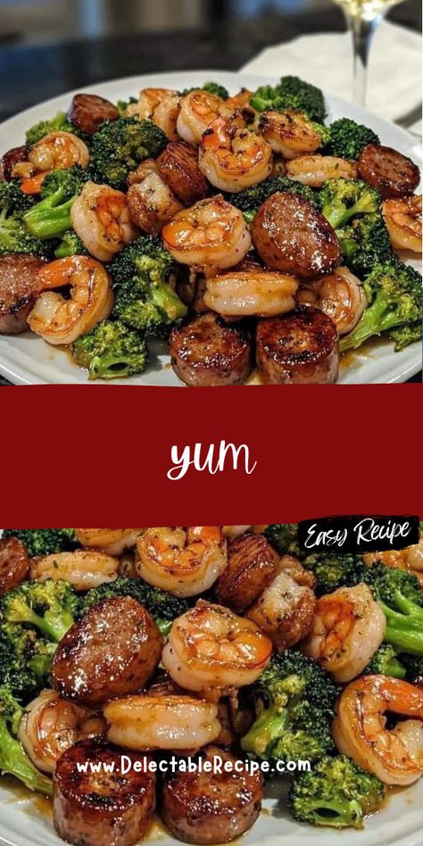 Seafood Board, Broccoli Sausage, Sausage And Broccoli, Honey Shrimp, Honey Garlic Shrimp, Shrimp And Sausage, Broccoli Dishes, Shrimp Sausage, Shrimp And Broccoli