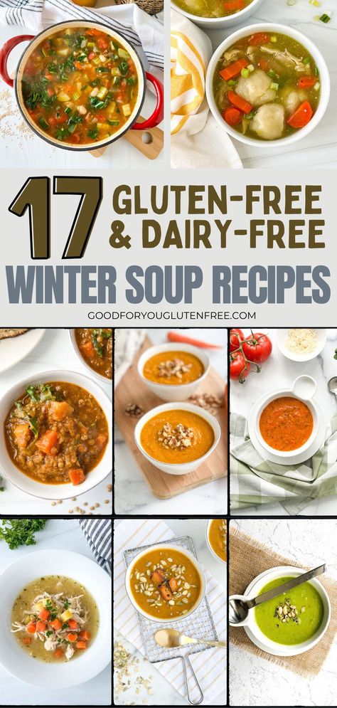 Check out 17 of the best gluten-free and dairy-free soup recipes perfect for a cold winter day. These warm soups include chicken dumplings, classic chicken noodle, vegetable soups including carrot and cauliflower soup, tomato soup, and green pea soup, as well as hearty lentil soup. The list also includes several stews for warm weather and one-pot dinner meals for people who are gluten-free and celiac. Gluten Free Milk Free Recipes, Gluten Dairy Free Soup Crock Pot, Crockpot Soup Gluten Free Dairy Free, Gf Dairy Free Soup, Non Dairy Crockpot Soups, Soups Non Dairy, Liquid Diet Recipes Dairy Free, Dairy Free Recipes Soup, Soup With No Dairy