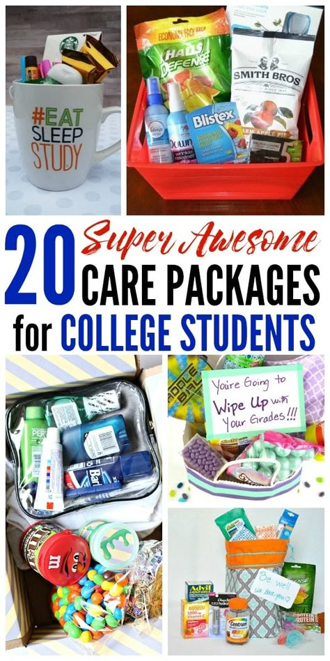 This is an amazing list of care package ideas for college students! From finals survival kits to treats from home, there's something for everyone! Student Survival Kit Gifts, University Survival Kit Gift, Welcome To College Care Package, College Care Package Ideas For Daughter, College Kid Care Package Ideas, Spa Care Package Ideas, College Basket, College Gift Boxes, Grad Presents