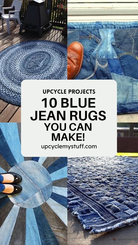 Turn old jeans into a stunning blue jeans rug! This upcycling project uses denim scraps to create a stylish homemade rug. Choose one of the denim rug DIY tutorials for step-by-step instructions on how to make a fabric rug. Perfect for denim crafts, jeans crafts, or anyone looking for denim recycle ideas. Create a rectangle rag rug or patchwork rug with these simple, free sewing tutorials. Denim Planters Diy, Rag Rug From Old Clothes, Leftover Jeans Projects, Repurposing Denim Jeans, Quilted Rugs Floor, What To Do With Old Jeans Ideas, Jeans Diy Ideas Recycled, Sewing Projects With Old Jeans, Easy Denim Sewing Projects