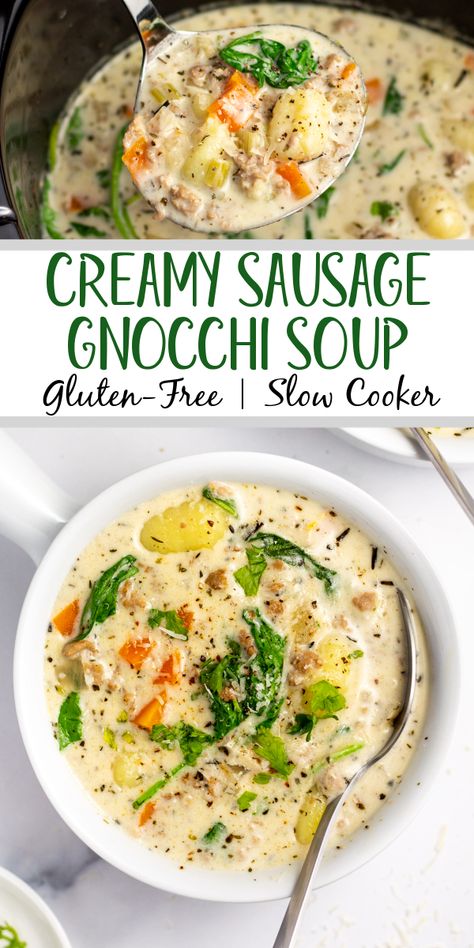 Gluten Free Dairy Free Soups In A Crock Pot, Gluten Free Gnocchi Soup, Sausage Soup Crockpot, Creamy Sausage Gnocchi, Creamy Gnocchi Soup, Sausage Gnocchi Soup, Crockpot Italian Sausage, Creamy Gnocchi, Sausage Gnocchi