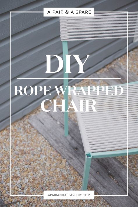 diy-rope-wrapped-chair Reweave Outdoor Chair, Rope Chair Seat, Rope Chair Diy, Rope Outdoor Furniture, Patio Chairs Makeover, Rope Furniture, Patio Chairs Diy, Macrame Chairs, Chair Redo