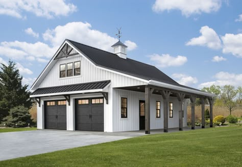 Detached Garage With Porch, External Garage Ideas, Pole Garage Plans, Pole Barn Shop With Loft, Modern Metal Shop Building, Large Detached Garage Ideas, Garage Corner Storage Ideas, Pole Barn Exterior Ideas, Black And White Pole Barn