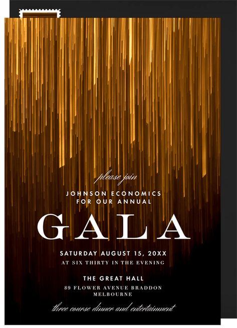 Shimmering gold lines make this design irresistibly elegant and stylish. It would be perfect for professional and formal events. This design is also available in silver. Black Gold Invitation, Spirit Wear Designs, Gold Graphic Design, Event Invitation Design, Festive Poster, Award Poster, Gala Invitation, Gala Ideas, Gold Poster