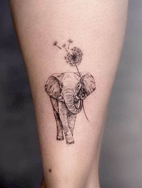 Dandelion and elephant tattoo by @maymay.tattoo Elephant And Peony Tattoo, Elephant Memorial Tattoo Mom, Tattoos With Elephants, Elephant Memorial Tattoo, Soup Tattoo, Elephant Art Tattoo, Elephant Family Art, Small Elephant Tattoo, Elephant Family Tattoo