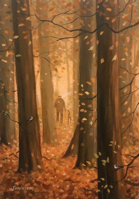 Cozy Fall Paintings, November Illustration Art, Vintage Autumn Art, Steve Sanderson Art, Autumnal Art, Autumn Artwork, Fall Landscape Painting, Fall Wallpapers, Pumpkin Painting Ideas