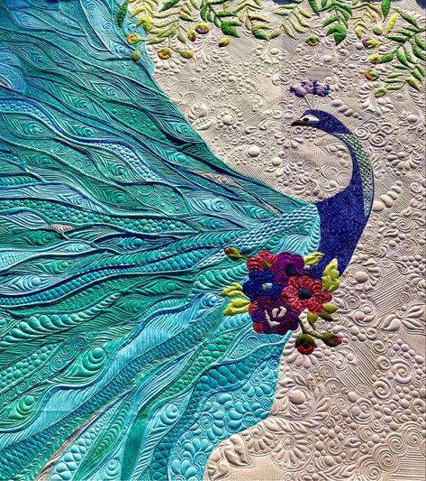 Peacock art quilt. Blue and aqua swirls tail. Landscape pieced tail. Appliqué. Long arm quilted. Knitting Circle, Peacock Quilt, Collage Quilting, Quilts Designs, Machine Quilting Ideas, Fabric Paint Diy, Free Motion Quilting Patterns, Freemotion Quilting, Quilting Motifs