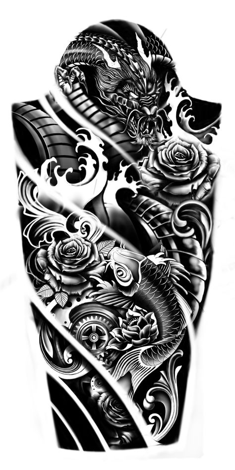 Koi Sleeve Tattoo, Dragon Koi Tattoo Design, Koi Dragon Tattoo, Koi Tattoo Sleeve, Warrior Tattoo Sleeve, Koi Dragon, Mangas Tattoo, Koi Tattoo Design, Yakuza Tattoo