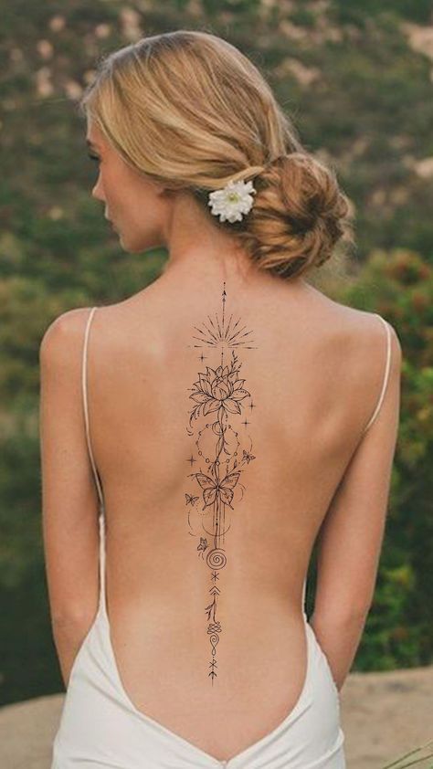 Spine Tattoo For Woman, Healing Spine Tattoos For Women, Spine Tattoos For Women Dream Catcher, Family Tree Spine Tattoo, Tattoo Of Spine On Spine, Tattoo Back Women Full, Spine And Back Tattoos For Women, Viking Back Tattoo For Women, Small Of Back Tattoo